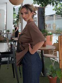 Jeta Ari Women's Loose Fit Short Sleeve T-Shirt With Letter Print Round Neckline ACTIVE Summer - Coffee Brown - View 5