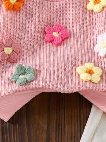 SHEIN Vintaside Kids 女宝宝针织3D花卉毛衣+直筒裤两件套，秋冬 - 粉色 - 查看 4