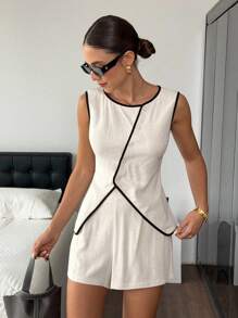 SHEIN Frenchy 2 件女式无袖撞色饰边圆领上衣和短裤套装，春夏，撞色边缘无袖上衣，不对称门襟配色块饰边，简约时尚休闲日常吊带背心套装，亚麻质地面料，优雅时尚，适合通勤 - 杏色 - 查看 3