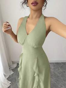 Modelyn French Elegant Solid Color V-Neck Halter Backless Waist Shaping Dress - Green - View 3