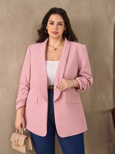 SHEIN Clasi Pink Plus Size Women's Suit Jacket, Elegant Attire For Commuting And Business,Business Casual Woman In Fall/Winter