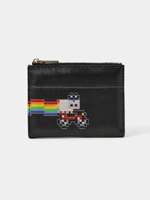 Nyan Cat X SHEIN 彩虹与卡通猫印花时尚拉链短款钱包 - 黑色 - 查看 1