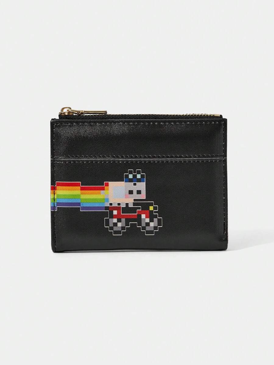 Nyan Cat X SHEIN 彩虹与卡通猫印花时尚拉链短款钱包 - 黑色 - 查看 1