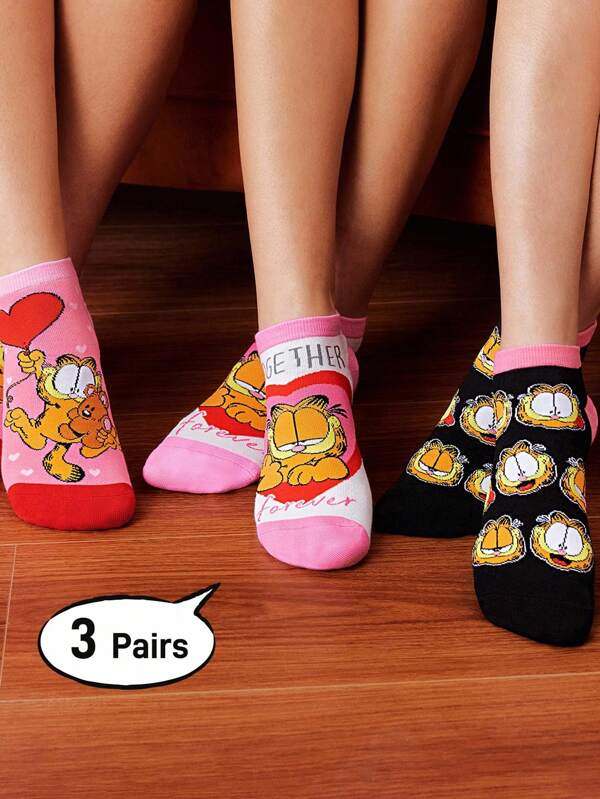 GARFIELD X SHEIN 3 Pairs Soft & Breathable Moisture-Wicking Casual Women Ankle Socks With Cat Pattern Fashionable And Cute Pink & White Short Socks Reinforced Toe & Heel For Durabiliy All Season All-Match