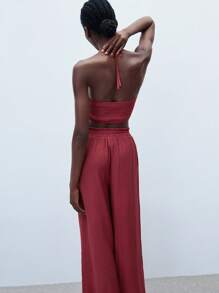 Maija ملابس علوية خزان قصيرة حمراء مفرغة مع تصميم خصر مكشكش وبنطال ساق واسعة، ملابس مريحة وعصرية للعطلات بأسلوب بوهيمي، طقم قطعتين عصري متعدد الاستخدامات للنساء