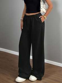 SHEIN 青少年女孩休闲松紧腰阔腿运动裤，适合春、夏、秋、冬 - 黑色 - 查看 2