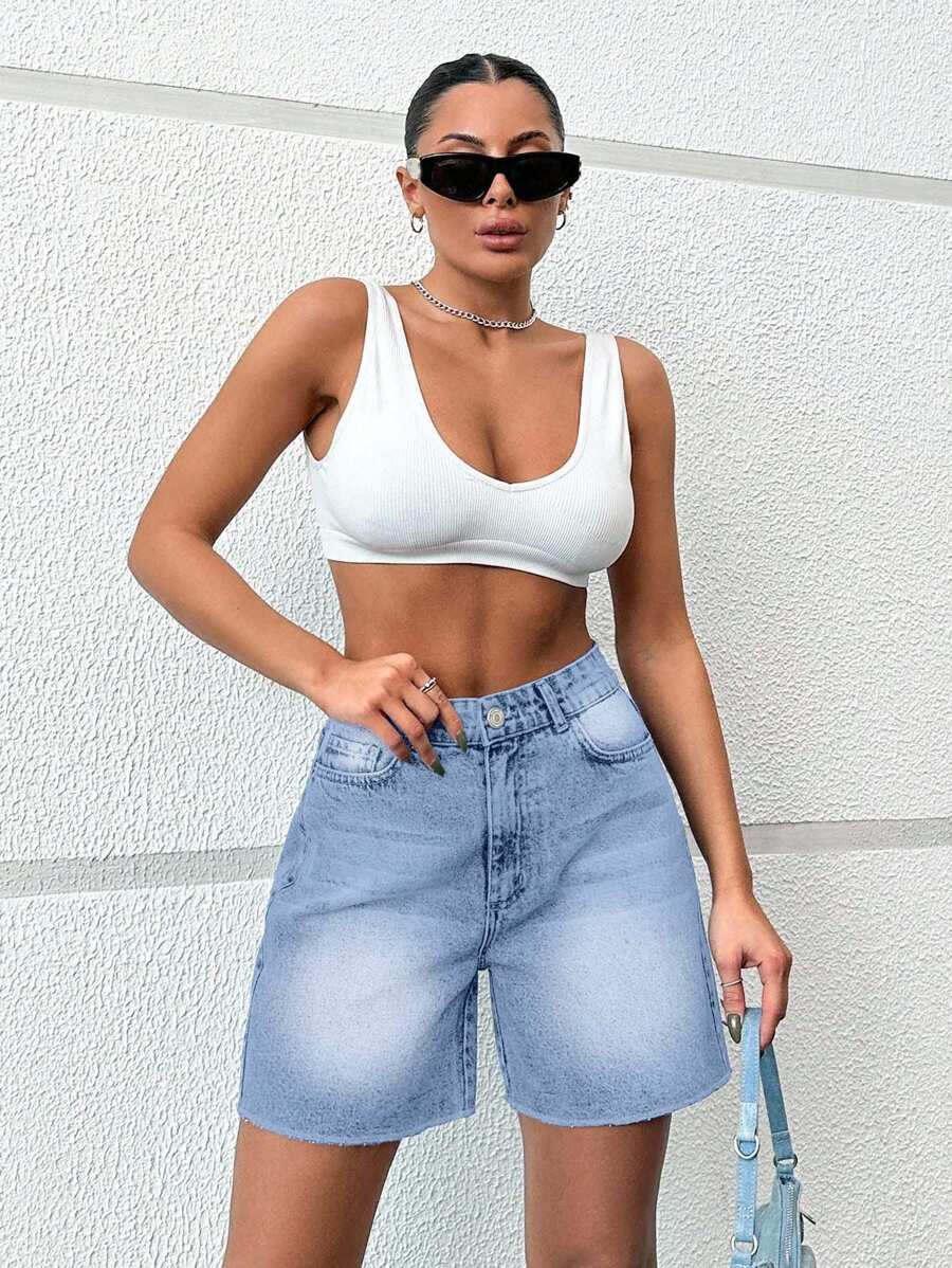 SHEIN Cottnline 100%Cotton Women's Frayed Straight-Leg Denim Shorts - Baby Blue - View 1
