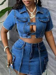 Slaydiva 女士牛仔上衣性感紧身短袖蓝色秋季女士秋季服装女士外套 - 中等水洗藍 - 查看 5