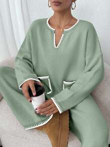 2 Stücke/Set Damen V-Ausschnitt mit Besatz Oversized Langarm Pullover mit Tasche und Strickjose Freizeitoutfit, Drop-Shoulder