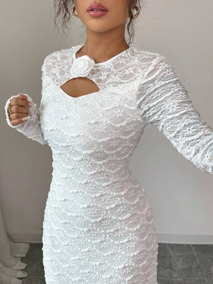 Elenzga Vestido largo de manga larga con encaje, vestido blanco elegante y casual para usar en casa y al aire libre - Blanco - Ver 1