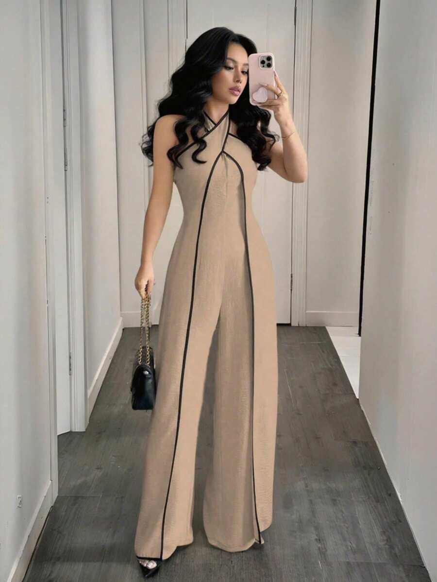 Selianne 女式交叉挂脖阔腿连体裤