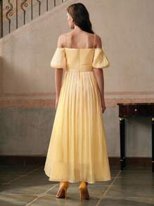 Anewsta Vestido mini ajustado de mujer con tirantes de espagueti, envolvente cruzado y cintura fruncida de unicolor - Amarillo - Ver 7