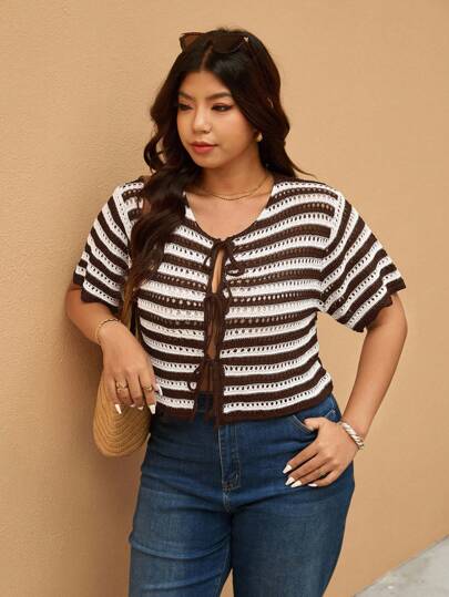 Elaquor 大码女式镂空针织开衫，时尚