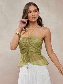 L'Amorae Women's Strapless Top With Peplum Smocked Back Detail Summer Cut Out Wedding Guest Vacation Boho - Green - View 5