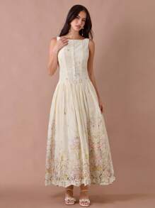 Enchnt 夏/秋浪漫女士杏色花卉印花刺绣单排扣无袖长裙 - 彩色 - 查看 4