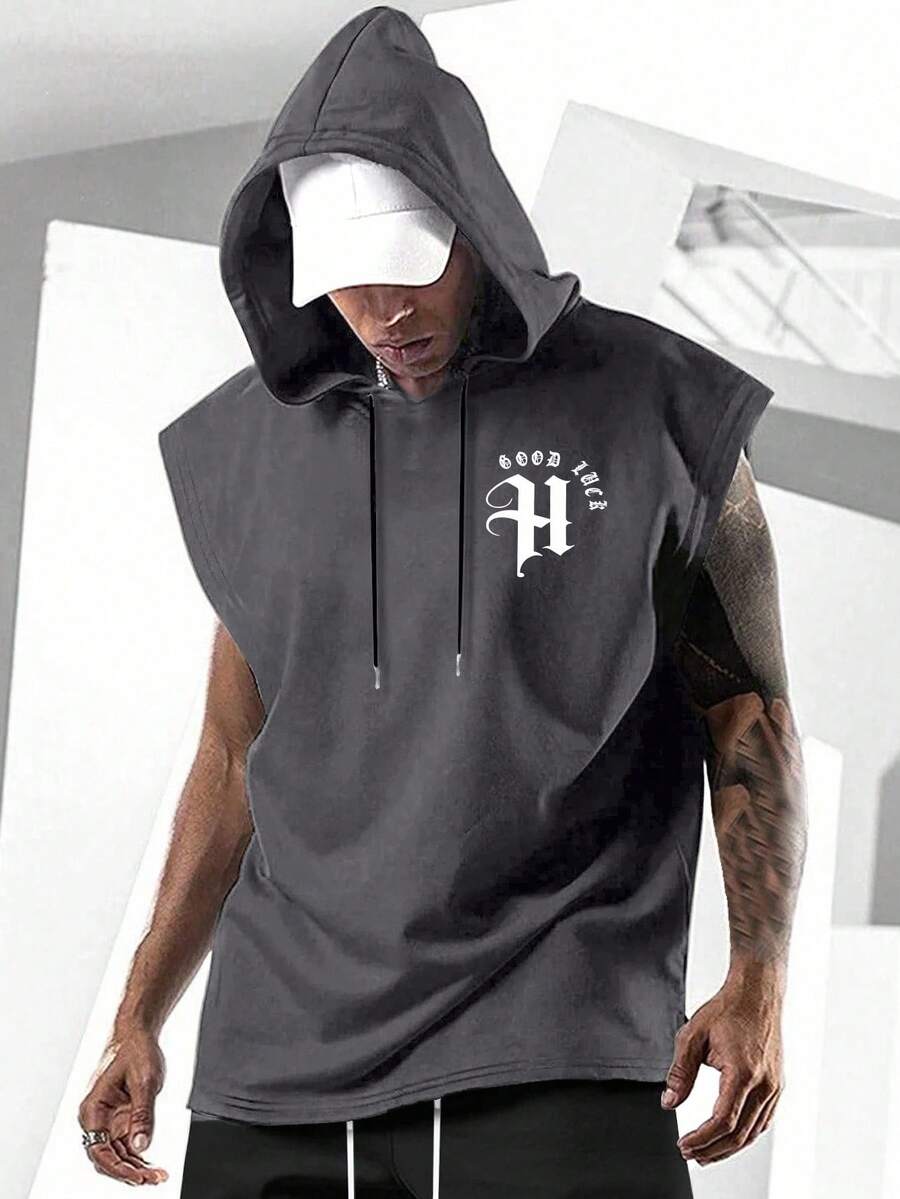 Men's Fashionable Casual Solid Gray Short Sleeve Hooded Batwing Sleeve Top - Lead Gray - View 1