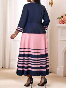 SHEIN Lady 春夏秋冬休闲优雅通勤办公室彩色圆领喇叭腰带纽扣中长袖休闲优雅金色连衣裙职业装棕色裙子黄色裙子女装套装 - 彩色 - 查看 3