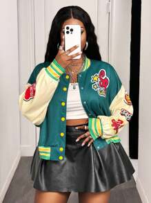 Slaydiva Spring & Autumn 2025 New Street Casual & Daily Casual & College Style Green & Beige Contrast Color Loose 24 Number & Slogan Print Long Sleeve Front Open Women Plus Size Short Jacket Winter Fall