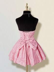 SHEIN ICON Đầm suông dự tiệc trà họa tiết hoa babydoll màu hồng dành cho nữ, váy xòe nơ thanh lịch, không dây, chất liệu jacquard nhún bèo hoa - Hồng - Xem 7