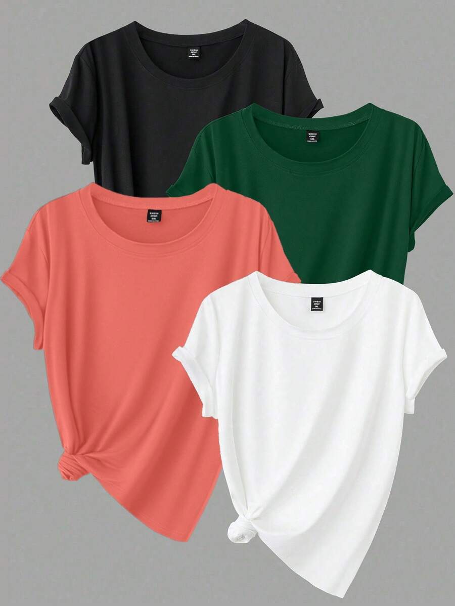 Calvaya Plus Size Solid Color Crew Neck Short Sleeve Casual T-Shirt - Multicolor - View 1