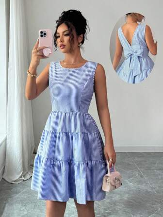 Rafferiza Vestido corto sin espalda con lazo y rayas, estilo francés para mujeres