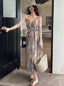 DAZY Women's V-Neck Floral Print Mid-Calf Belted Summer Vacation Dress Maxi Dress Cruise Outfit For Women Boho - Apricot - View 7