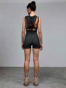 SHEIN Unity Mono de mujer con capucha, de color liso, con diseño hueco y cordones, de estilo sexy - Negro - Ver 2