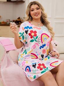 SHEIN Áo ngủ tay ngắn in hoa nhiều màu sắc cỡ lớn, kiểu dáng Moo Moo Night Dress - Nhiều màu - Xem 4