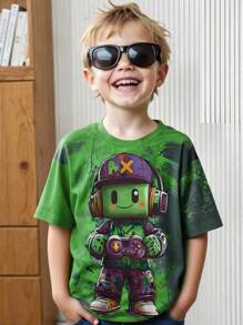 SHEIN Camiseta básica de manga corta para niño pequeño con estampado de gráfico de personaje de videojuego de dibujos animados