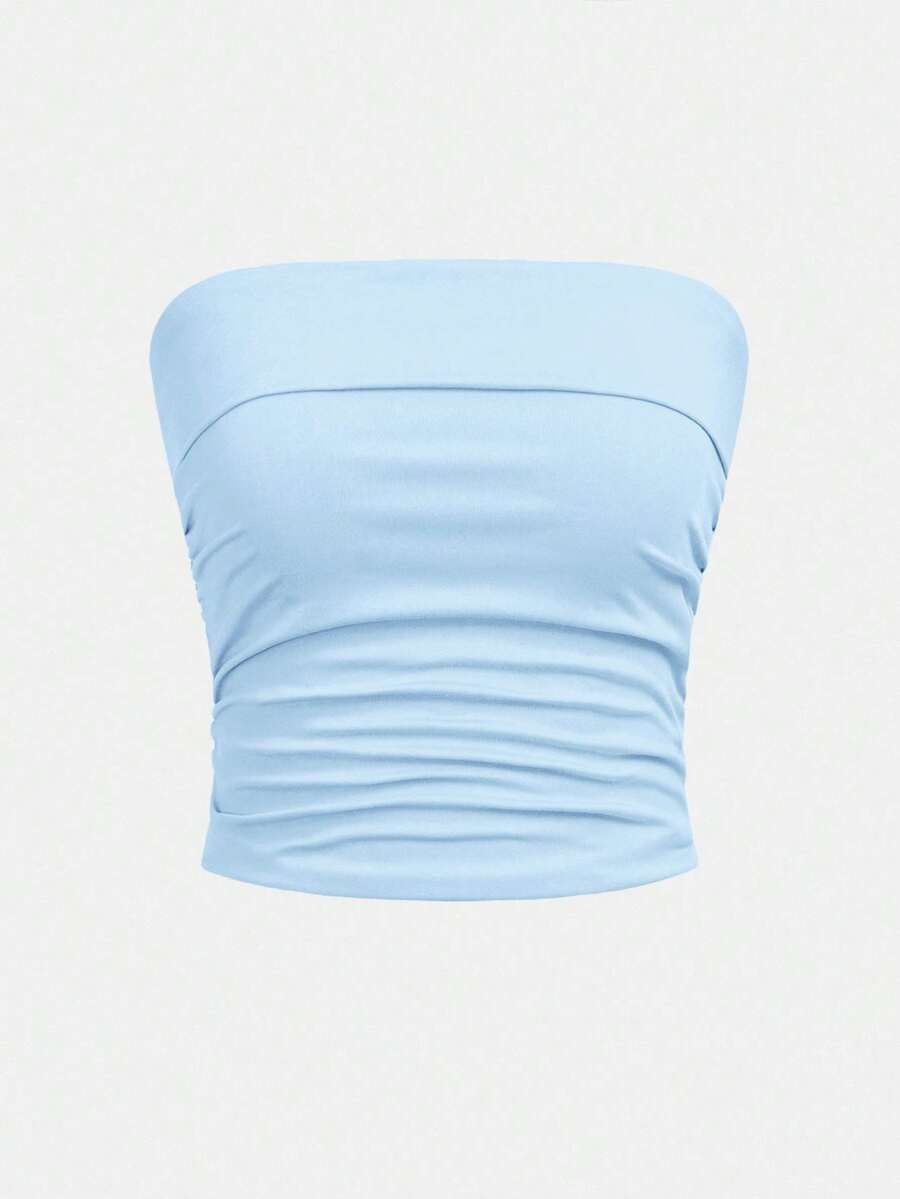 SHEIN Teen Girls Simple Comfortable Ruched Bandeau Bras - Baby Blue - View 1