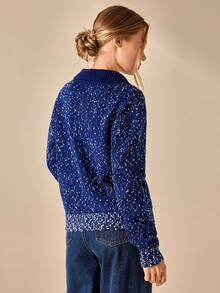 EURMUSE Women Polo Neck Gold Button Detailed Cozy Knit Cardigan Speckled Knit Button Up Cardigan With Flap Pockets And Collar For Casual Chic Fall Looks - Navy Blue - View 2