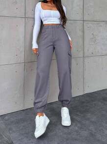 EURMUSE Women's Casual Street Style Solid Color Flap Pocket Cargo Jogger Jeans - Dark Grey - View 3