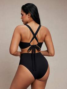 Shapewave 2pcs Women Black Bikini Set,Mesh Panel,Crossover Strap V-Neck,Backless Ribbon Tie,High Waist Ruched Bottoms,Elegant Summer Beach Vacation Holiday - Black - View 3