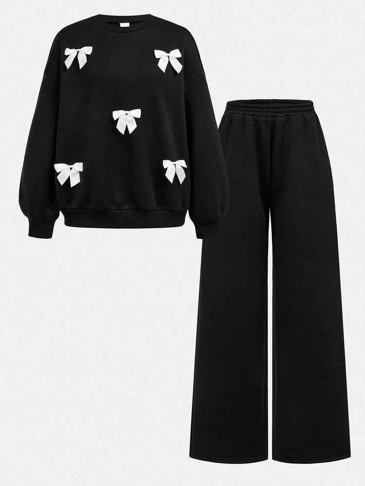 SHEIN Girlism 少女休闲运动套装，黑色连帽衫搭配撞色蝴蝶结和休闲抽绳运动裤 - 黑色 - 查看 11