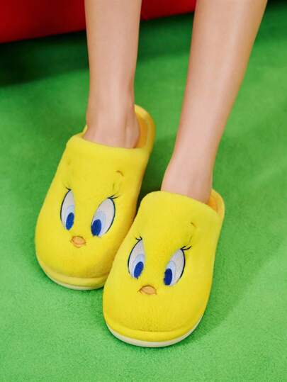 LOONEY TUNES X SHEIN Cute Cartoon Embroidered Tweety Yellow Women Non-Slip Indoor Slippers Girls Soft Plush Warm Autumn Winter House Shoes Durable Sole, Home Bedroom Air-Conditioned Room Spring For Christmas