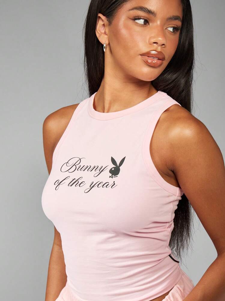 Missguided x Playboy Áo tank top không tay dáng ngắn mùa hè in khẩu hiệu "Chú thỏ của năm" - Áo ôm sát cổ tròn, cổ cao - Phong cách thường ngày, cơ bản, phù hợp cho thể thao - thời trang. - Hồng - Xem 5