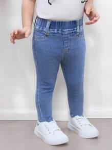 SHEIN Baby Girls Blue Tight, Elastic, Casual Comfortable And Simple Jeans,Fall Casual And Comfortable Wear - Light Wash - View 1