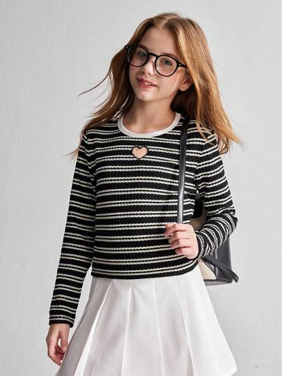 Ontre 青少年女孩条纹面料镂空心形图案圆领长袖T恤