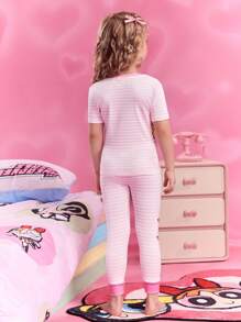 THE POWERPUFF GIRLS X SHEIN Young Girl Cartoon Pink Blossom, Bubbles, Buttercup Pattern Cute Short Sleeve T-Shirt And Pants Pajama Set - Multicolor - View 2
