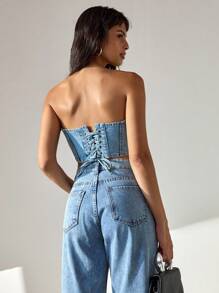 CLARA VERO Woman Back Lace Detailed Strapless Denim Top Denim Two Piece Outfits Denim Tube Top Jean Tube Top Denim Corset Top Jeans Top - Medium Wash - View 7