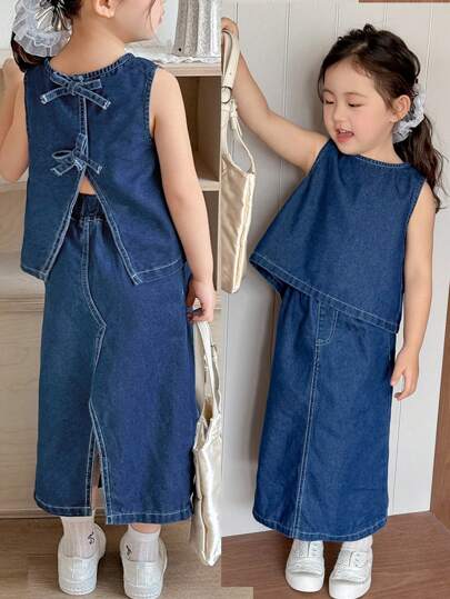 SHEIN Young Girl Cuet Two-Pieces Set Of Blue Denim Sleeveless Tank Top And Long Skirt,2000s Style   ,Kawaii ,Back To School Clothes ,Fall Kid's  Casual And Comfortable  Wear ,Comfortable, Casual And Fashionable Vacation Outfits