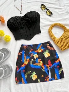 Soleia Damen einfarbiges Crop Top mit Bindedetail und Mini Rock mit Papageienmuster, für Urlaub, Musikfestival, Strand - Verschiedenfarbig - Übersicht 7