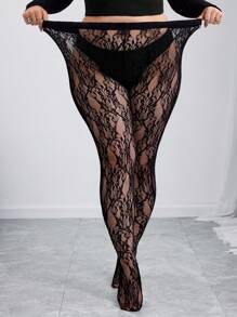 SHEIN CURVE+ Curves 加大码/学校服装/返校服装/返校大码性感弹力透明蕾丝连裤袜、紧身裤、万圣节、返校季 - 黑色 - 查看 2