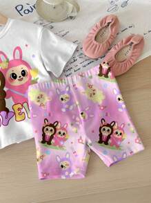 SHEIN 可爱休闲风格花卉和动物印花粉色 T 恤和修身自行车短裤套装，适合女婴，可爱卡通图案，圆领宽松短袖，适合春夏季，清凉夏日 - 彩色 - 查看 4