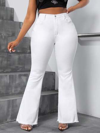 SHEIN CURVE+ 大码女式夏季奶油白色喇叭裤牛仔裤