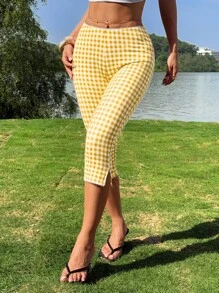 SHEIN EZwear Women's Yellow Plaid Knitted Elastic Leggings - Yellow - View 6