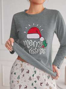 EURMUSE Ensemble de pyjama pour femmes avec chapeau de Noël confortable, Top à manches longues et pantalon imprimés de lettres - Gris pâle - Voir 6