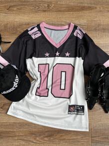 SHEIN 青少年女孩春夏街头潮流情侣同款休闲V领落肩字母印花宽松休闲运动T恤