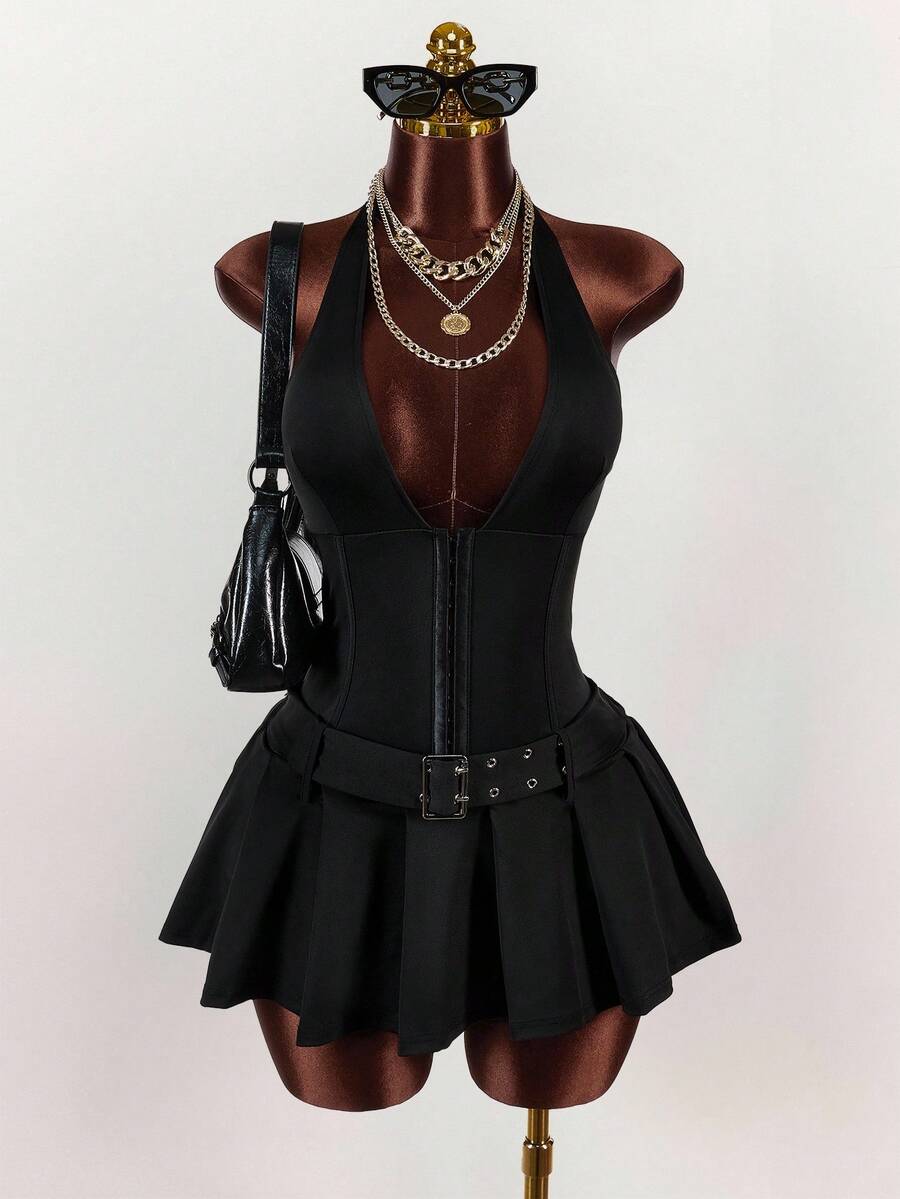 Amplova 女式深V领金属扣腰带装饰宽褶连衣裙，女式夏季连衣裙 - 黑色 - 查看 1