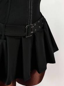 Amplova 女式深V领金属扣腰带装饰宽褶连衣裙，女式夏季连衣裙 - 黑色 - 查看 7